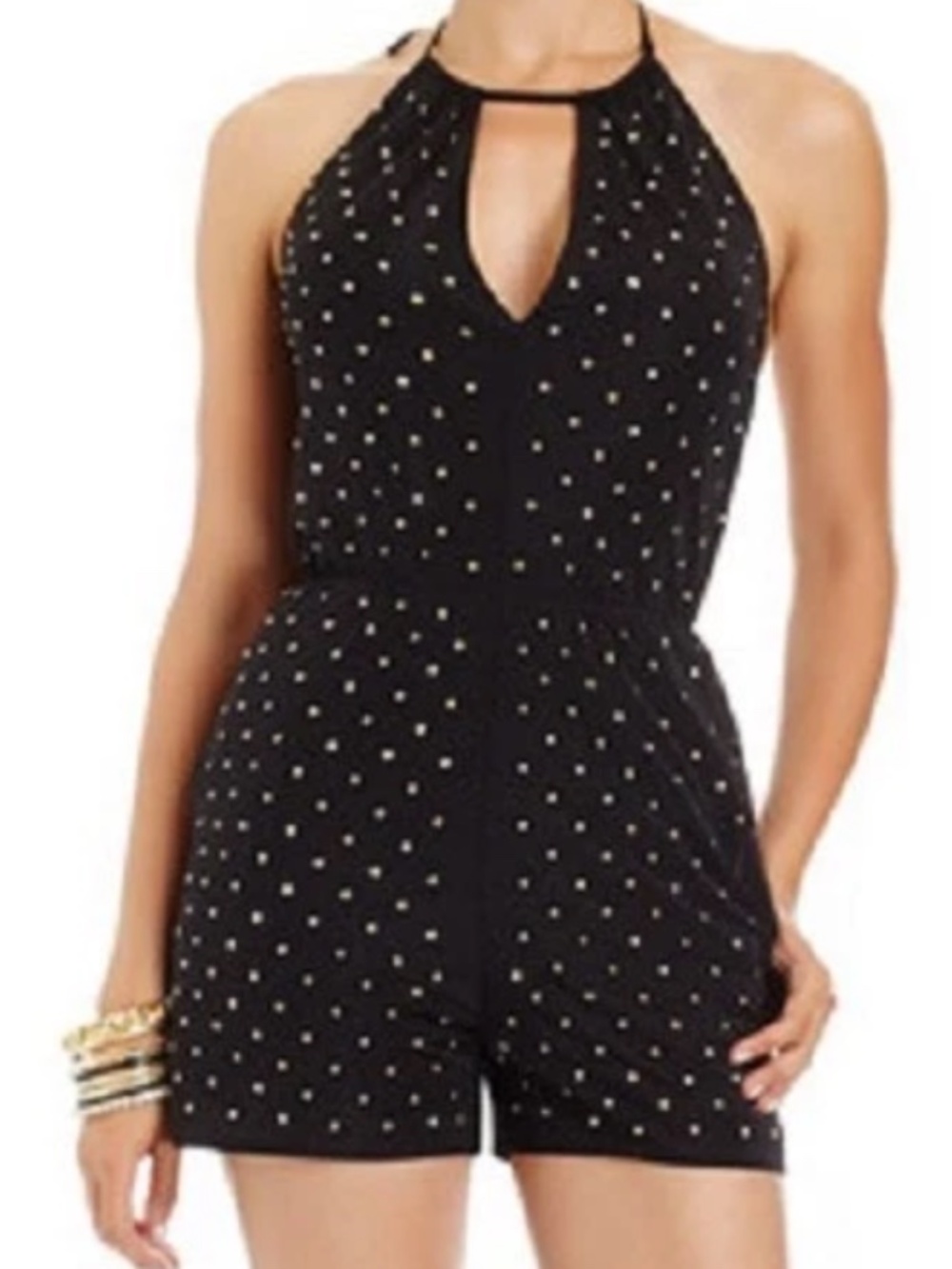 NWT Bebe 2b black studded halter tie back top romper